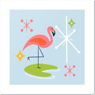 Mid-Century Modern Pink Flamingo with Retro Icons Repeating Pattern Posters and Art